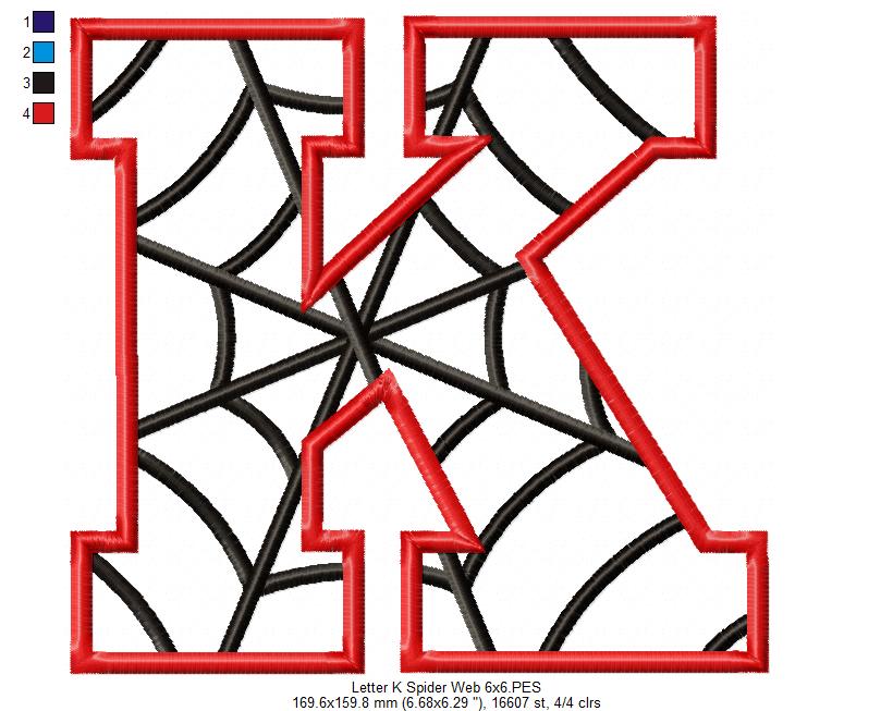 Monogram K Spider Web Letter K - Applique Embroidery
