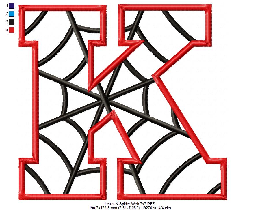 Monogram K Spider Web Letter K - Applique Embroidery