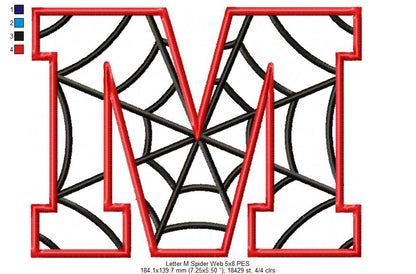 Monogram M Spider Web Letter M - Applique - Machine Embroidery Design