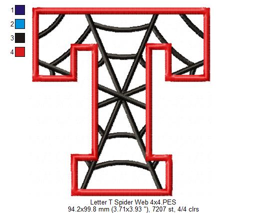 Monogram T Spider Web Letter T - Applique - Machine Embroidery Embroidery