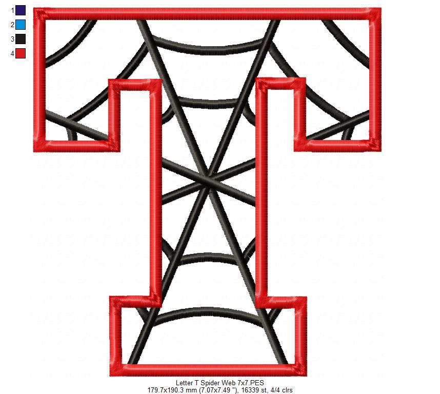 Monogram T Spider Web Letter T - Applique - Machine Embroidery Embroidery
