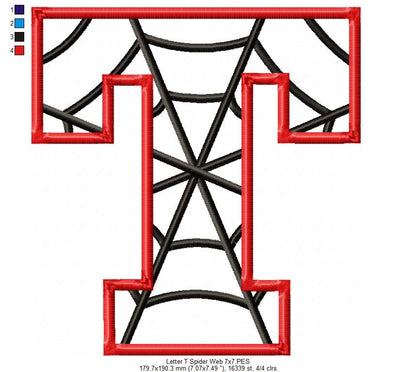 Monogram T Spider Web Letter T - Applique - Machine Embroidery Embroidery