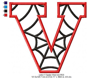 Monogram V Spider Web Letter V - Applique - Machine Embroidery Embroidery