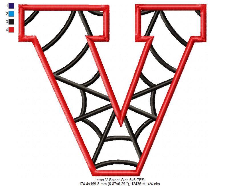 Monogram V Spider Web Letter V - Applique - Machine Embroidery Embroidery