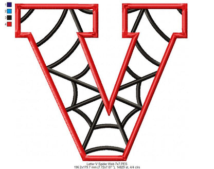 Monogram V Spider Web Letter V - Applique - Machine Embroidery Embroidery