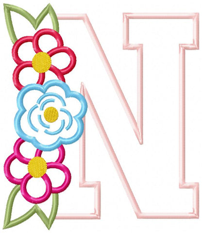 Monogram N and Flowers - Applique - Machine Embroidery Design