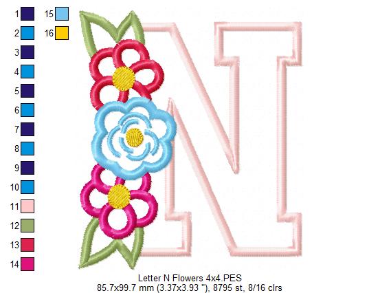 Monogram N and Flowers - Applique - Machine Embroidery Design