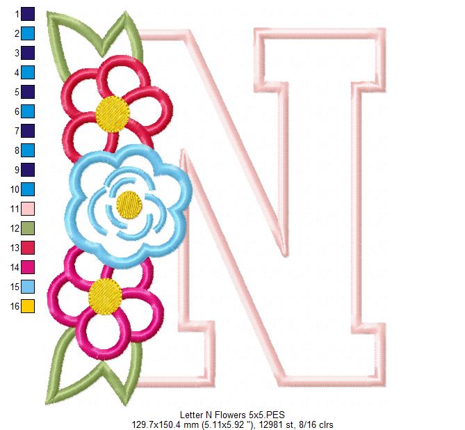 Monogram N and Flowers - Applique - Machine Embroidery Design