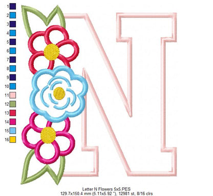 Monogram N and Flowers - Applique - Machine Embroidery Design