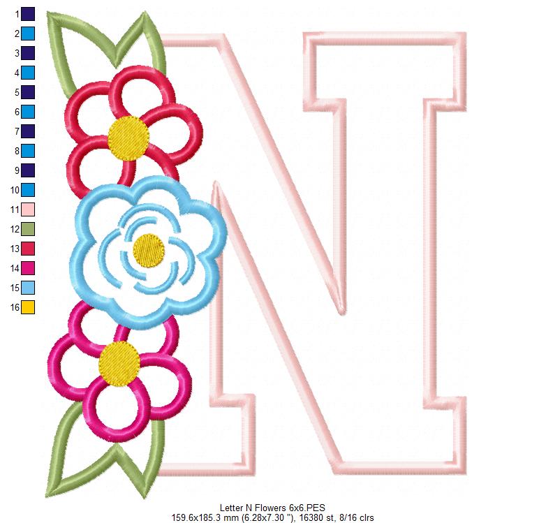 Monogram N and Flowers - Applique - Machine Embroidery Design