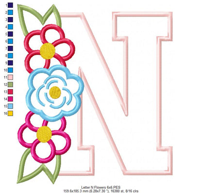Monogram N and Flowers - Applique - Machine Embroidery Design