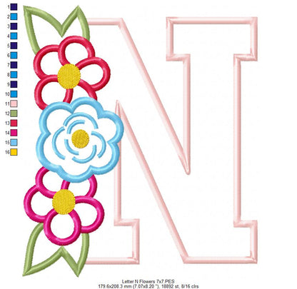 Monogram N and Flowers - Applique - Machine Embroidery Design