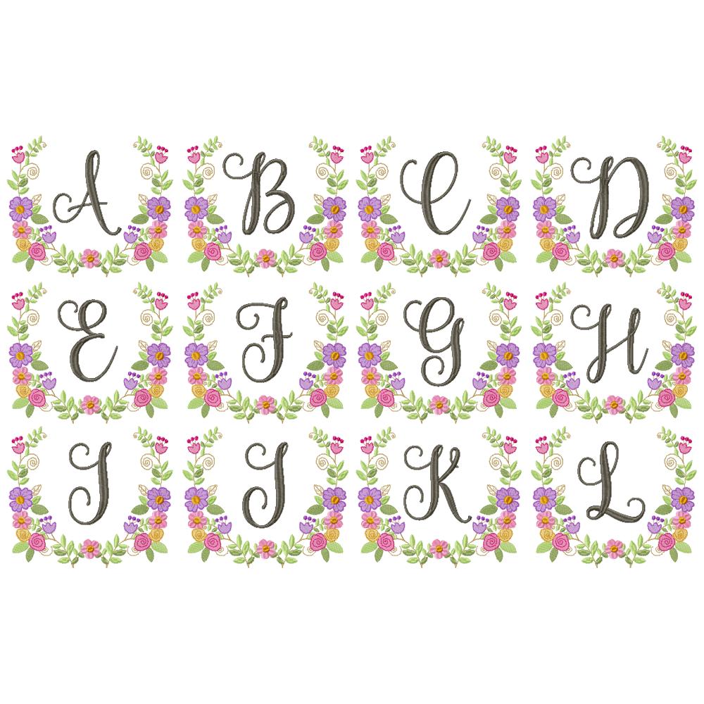 Monogram A-Z Floral Wreath Alphabet - Fill Stitch - Machine Embroidery Design
