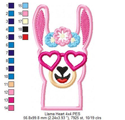 Llama with Heart Glasses - Applique - Machine Embroidery Design