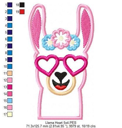 Llama with Heart Glasses - Applique - Machine Embroidery Design