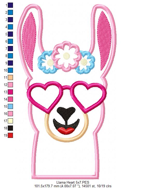 Llama with Heart Glasses - Applique - Machine Embroidery Design