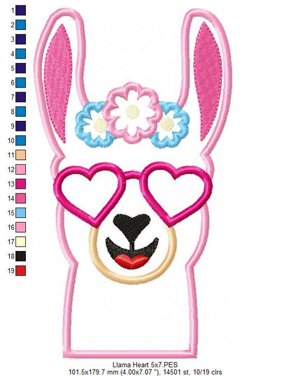 Llama with Heart Glasses - Applique - Machine Embroidery Design