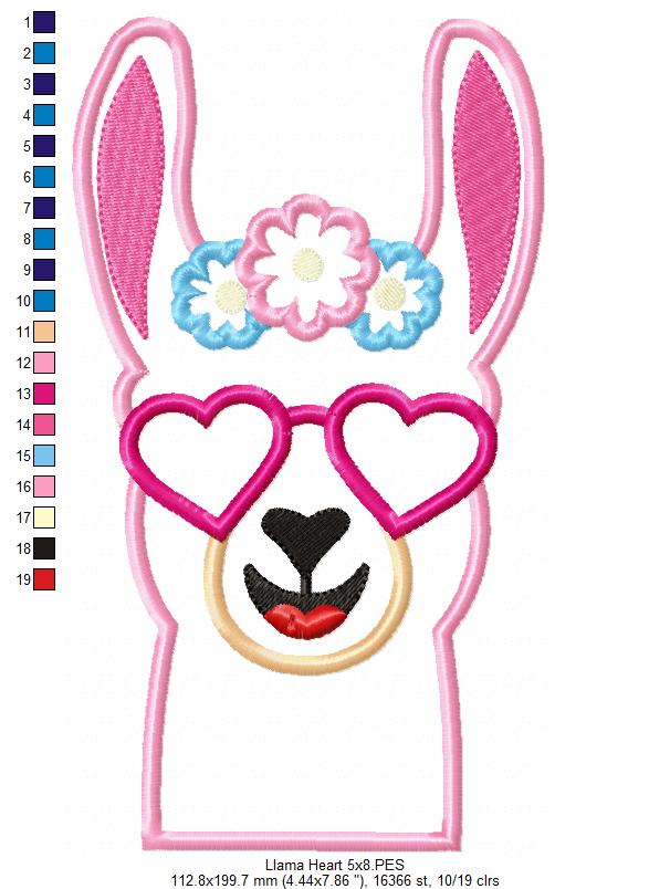 Llama with Heart Glasses - Applique - Machine Embroidery Design