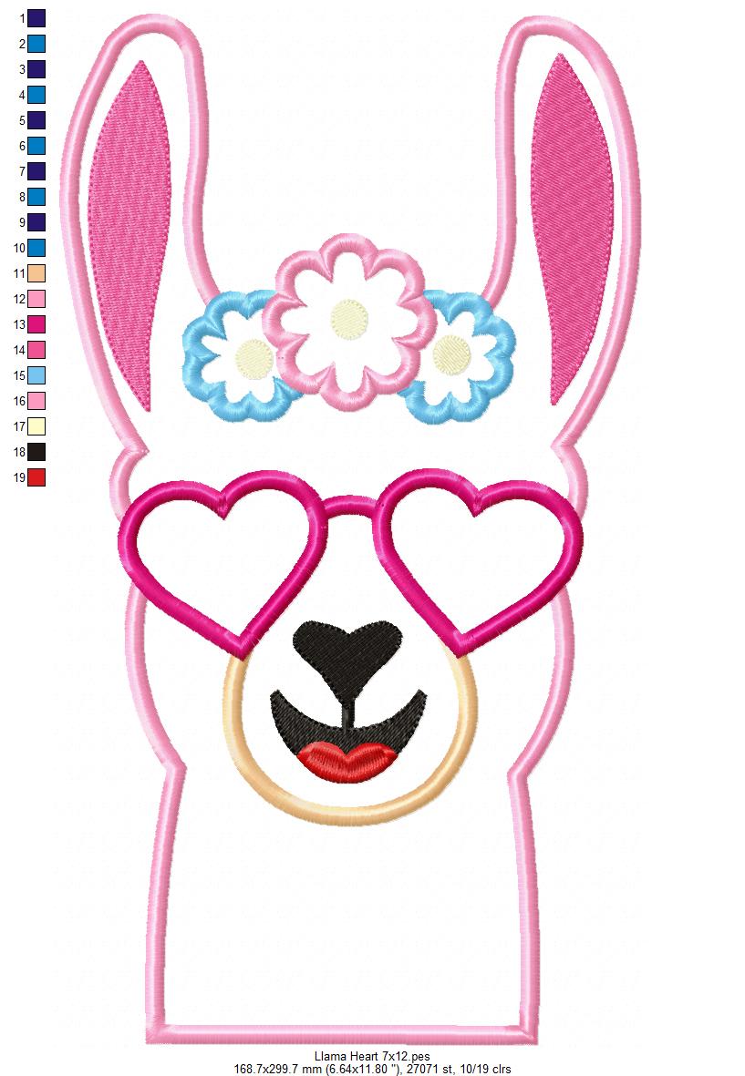 Llama with Heart Glasses - Applique - Machine Embroidery Design