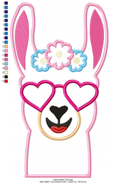 Llama with Heart Glasses - Applique - Machine Embroidery Design