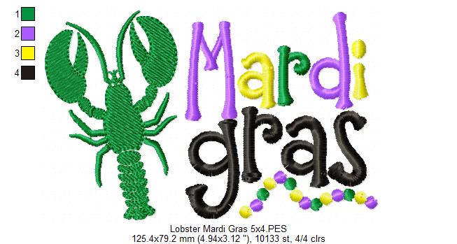 Crawfish and Beads Mardi Gras - Fill Stitch - Machine Embroidery Design