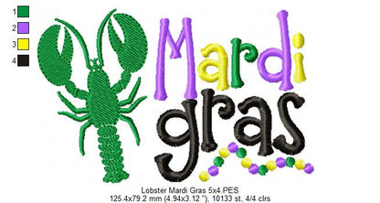 Crawfish and Beads Mardi Gras - Fill Stitch - Machine Embroidery Design