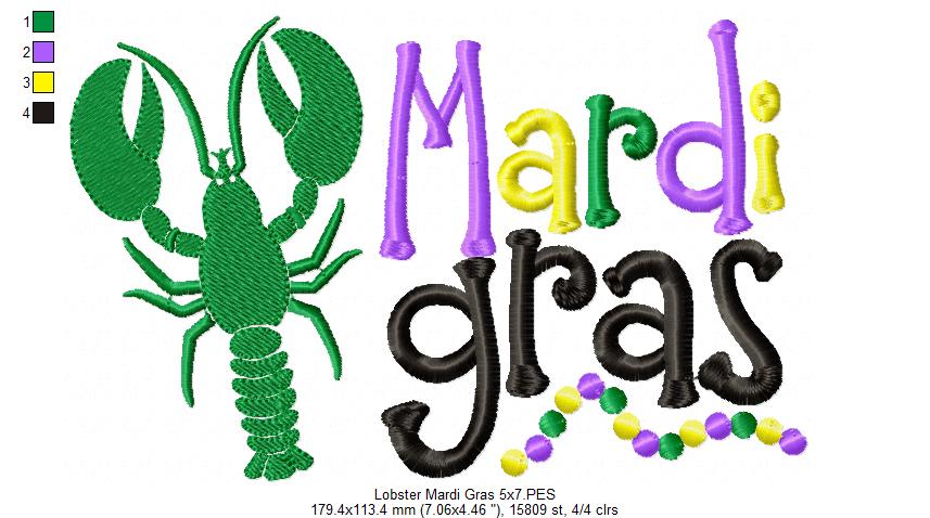 Crawfish and Beads Mardi Gras - Fill Stitch - Machine Embroidery Design