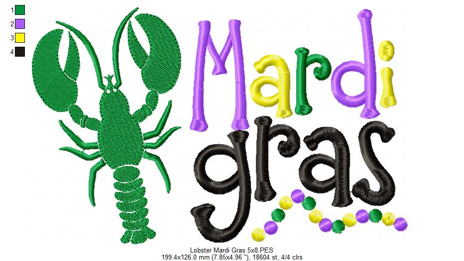 Crawfish and Beads Mardi Gras - Fill Stitch - Machine Embroidery Design