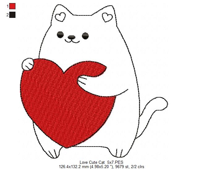 Love Cute Cat - Redwork