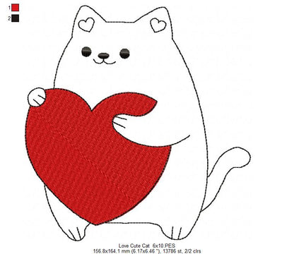 Love Cute Cat - Redwork