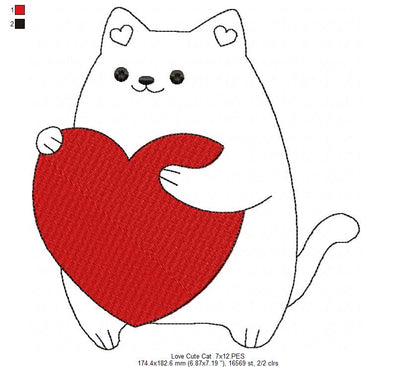 Love Cute Cat - Redwork