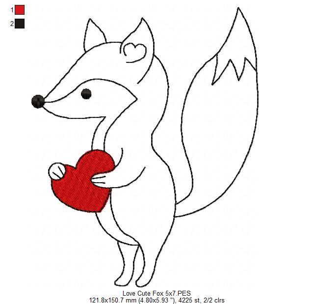 Love Cute Fox - Redwork