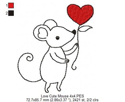 Love Cute Mouse - Redwork