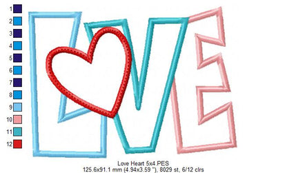 Love Heart Word  - Applique - Machine Embroidery Design
