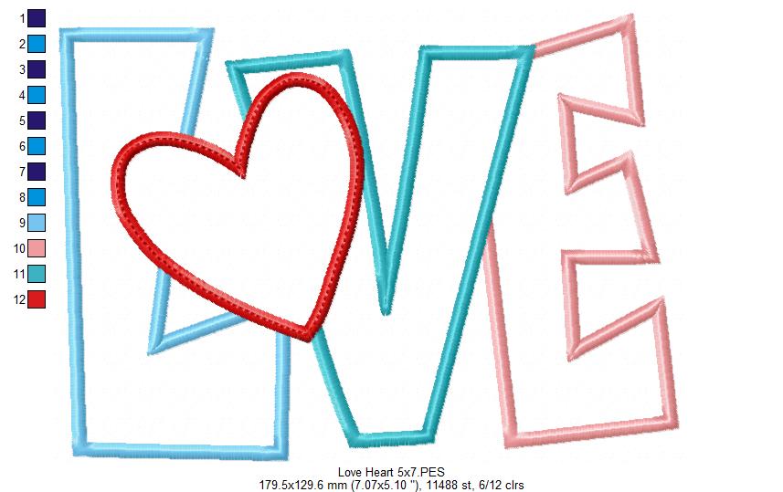 Love Heart Word  - Applique - Machine Embroidery Design