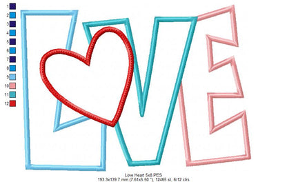 Love Heart Word  - Applique - Machine Embroidery Design