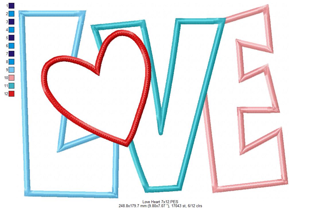 Love Heart Word  - Applique - Machine Embroidery Design