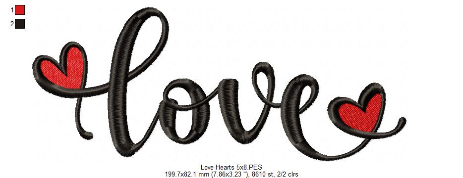 Love Word with Hearts - Fill Stitch - Machine Embroidery Design