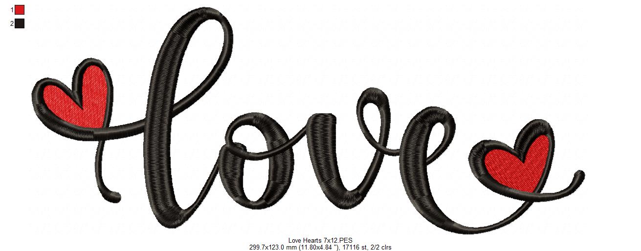 Love Word with Hearts - Fill Stitch - Machine Embroidery Design