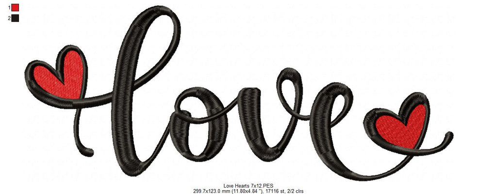 Love Word with Hearts - Fill Stitch - Machine Embroidery Design