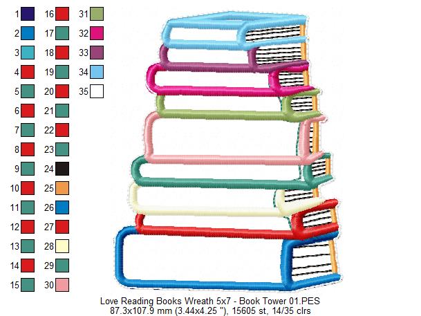 Love Reading Books Wreath Ornament - ITH Project - Machine Embroidery Design