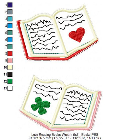 Love Reading Books Wreath Ornament - ITH Project - Machine Embroidery Design