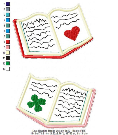 Love Reading Books Wreath Ornament - ITH Project - Machine Embroidery Design