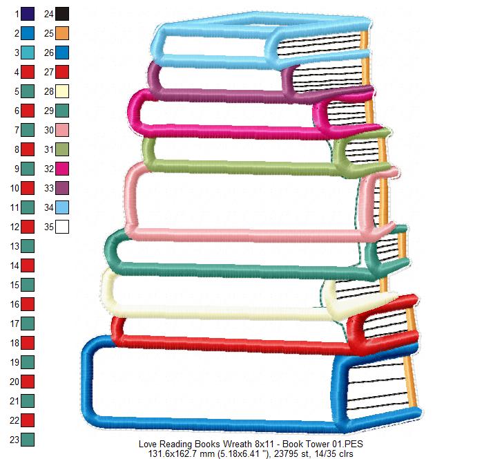 Love Reading Books Wreath Ornament - ITH Project - Machine Embroidery Design