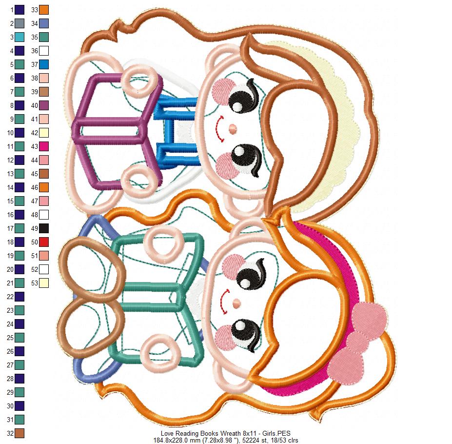 Love Reading Books Wreath Ornament - ITH Project - Machine Embroidery Design