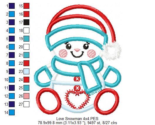 Valentines Snowman - Applique - Machine Embroidery Design