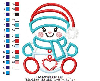Valentines Snowman - Applique - Machine Embroidery Design