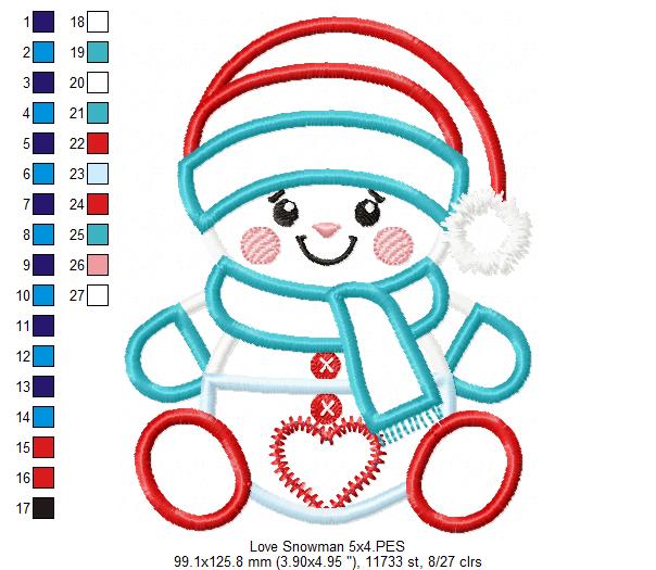 Valentines Snowman - Applique - Machine Embroidery Design