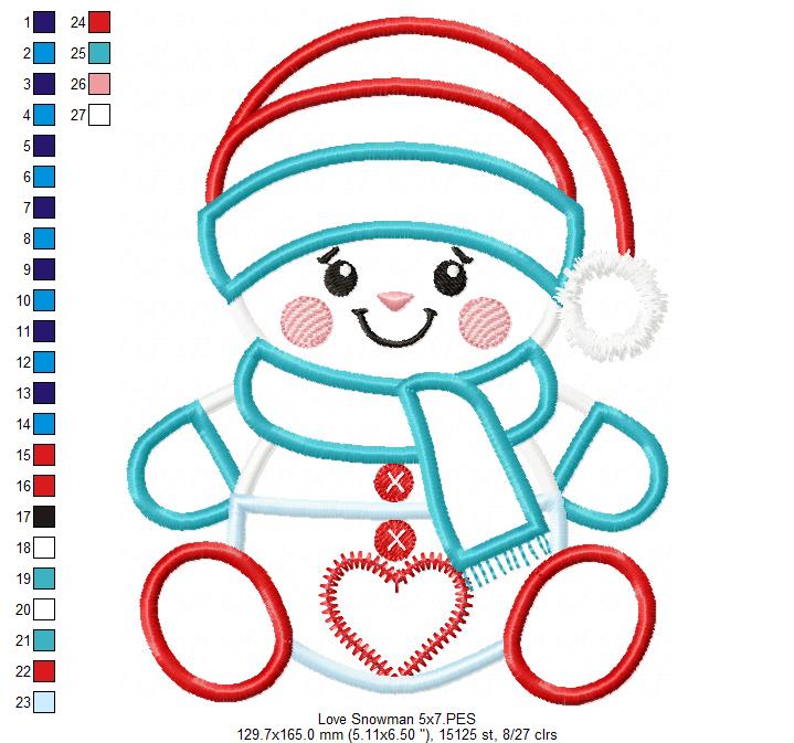 Valentines Snowman - Applique - Machine Embroidery Design