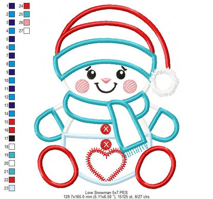 Valentines Snowman - Applique - Machine Embroidery Design